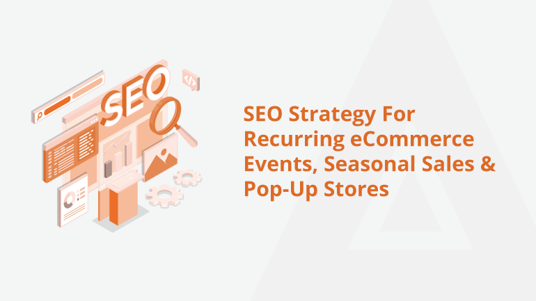 Seasonal e-commerce marketing SEO strategy with shopping cart, holiday items, and seasonal motifs representing winter, fall, spring, and summer.
