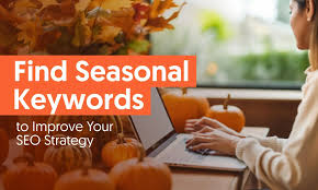 Seasonal e-commerce marketing SEO strategy with shopping cart, holiday items, and seasonal motifs representing winter, fall, spring, and summer.