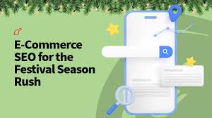 Seasonal e-commerce marketing SEO strategy with shopping cart, holiday items, and seasonal motifs representing winter, fall, spring, and summer.